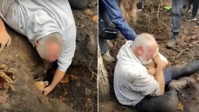 A Frantic Owner Cries After Finding His Dog Trapped In A Foxhole For 50 Hours